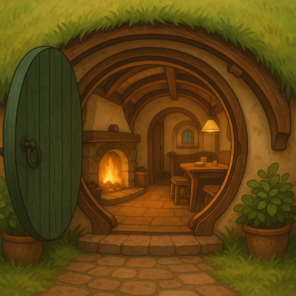 Hobbit door leading to a warm hearth and dining nook
